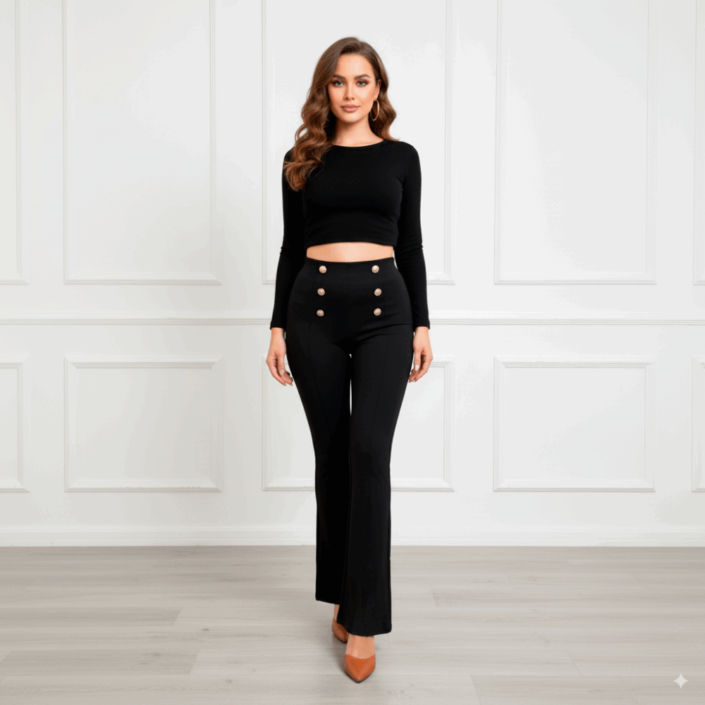 Leggings Patte d'éléphant à nervure avec bouton