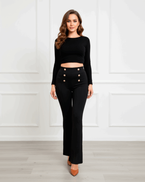Leggings Patte d'éléphant à nervure avec bouton