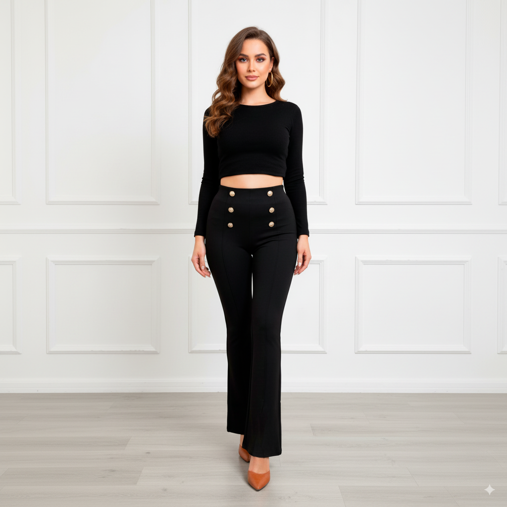 Leggings Patte d'éléphant à nervure avec bouton